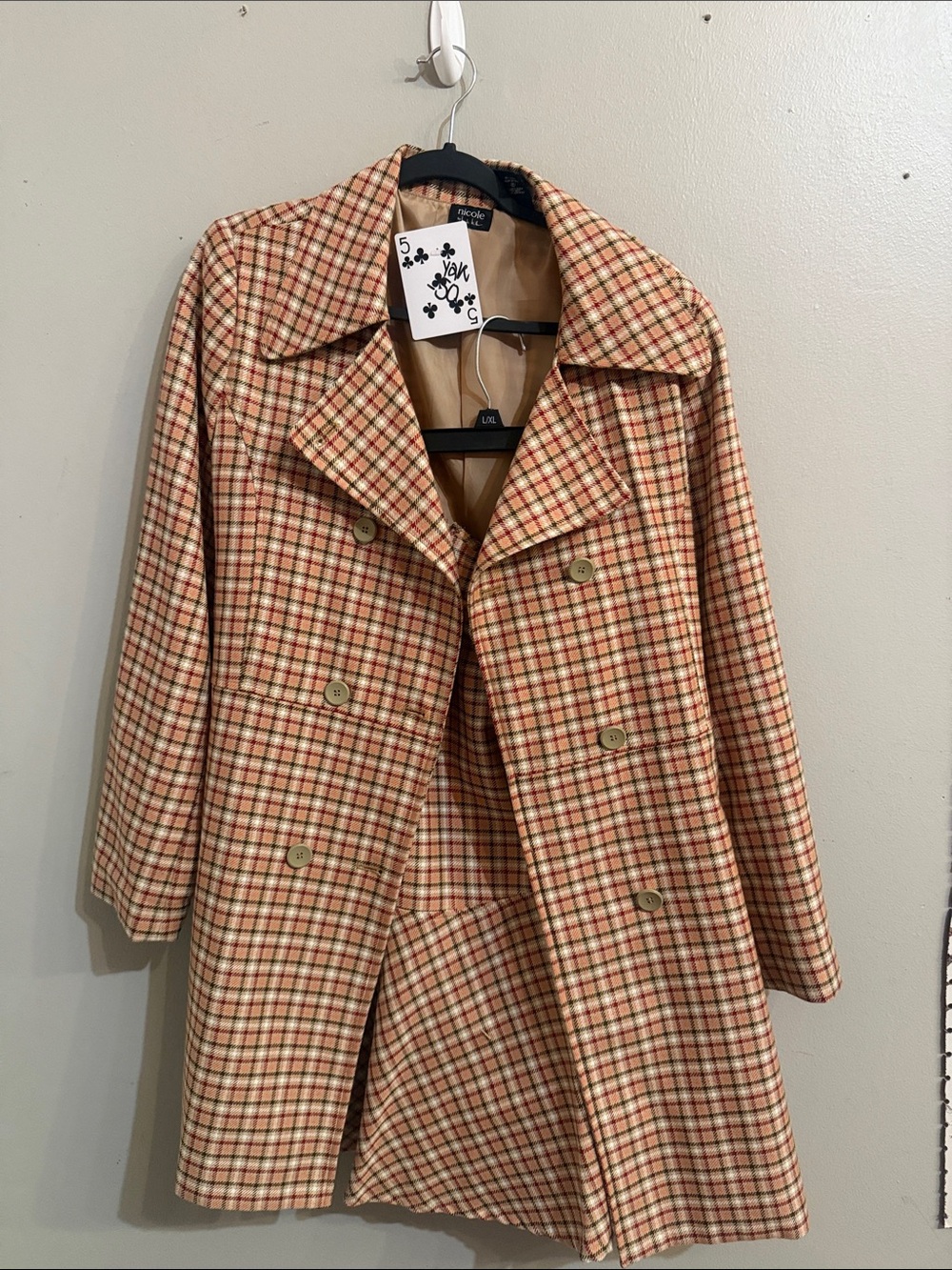 Nicole Miller Plaid Trench Coat in Beige and Red Tones